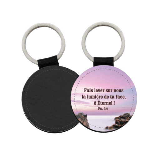 Porte-clés similicuir rond - &quot;Fais lever sur nous la lumière de ta face, Ô Eternel !&quot; Psaume 4.6