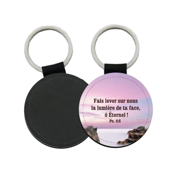 Porte-clés similicuir rond - "Fais lever sur nous la lumière de ta face, Ô Eternel !" Psaume 4.6