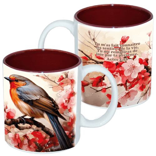 Mug bicolore blanc/marron, «Tu m'as fait connaître […] » - Actes 2.28. Oiseau sur cerisier fleuri