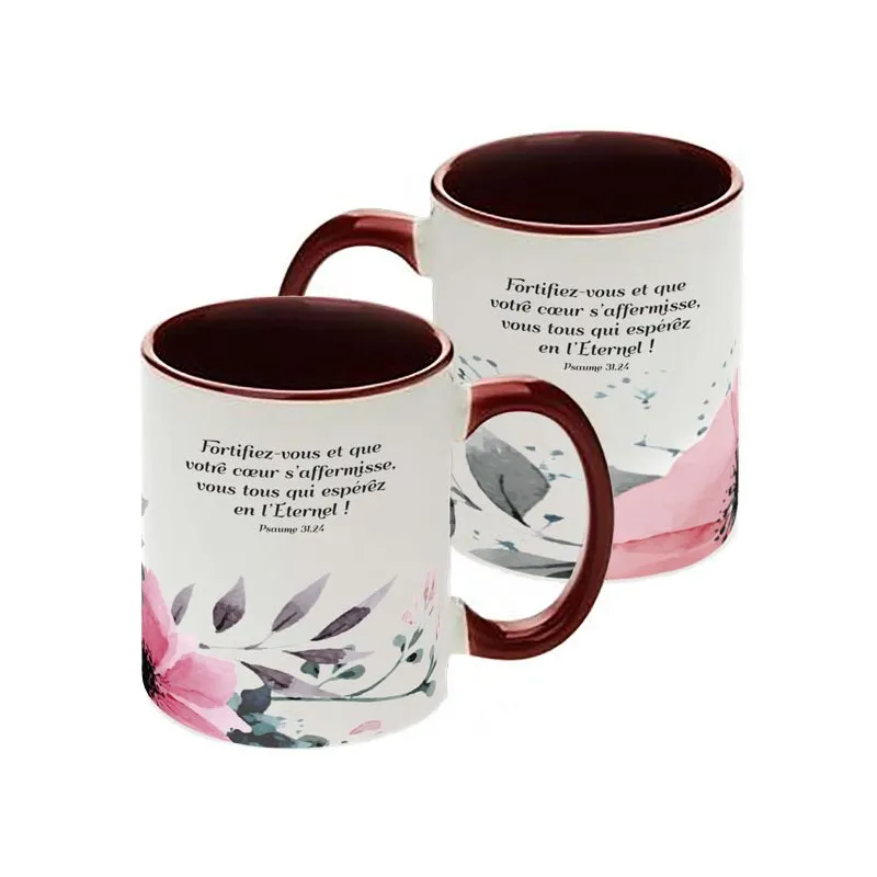 Mug bicolore marron/blanc, Fleurs - "Fortifiez-vous et que votre cœur s'affermisse, vous tous qui...