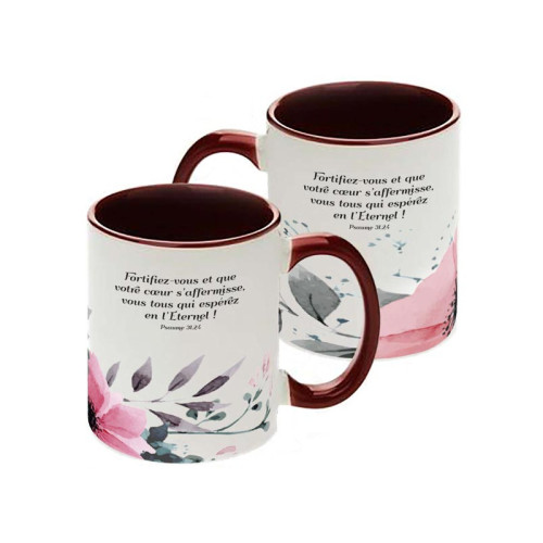 Mug bicolore marron/blanc, Fleurs - "Fortifiez-vous et que votre cœur s'affermisse, vous tous qui...