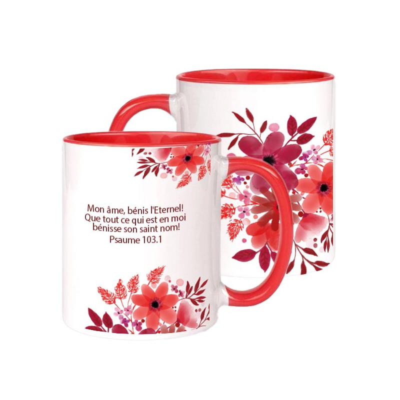 Mug bicolore blanc/rouge, fleurs - "Mon âme, bénis l'Eternel!" Ps. 103.1