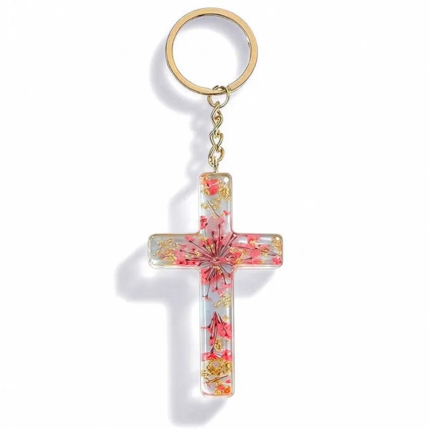 Porte-clé croix avec inclusions de fleurs - rouge