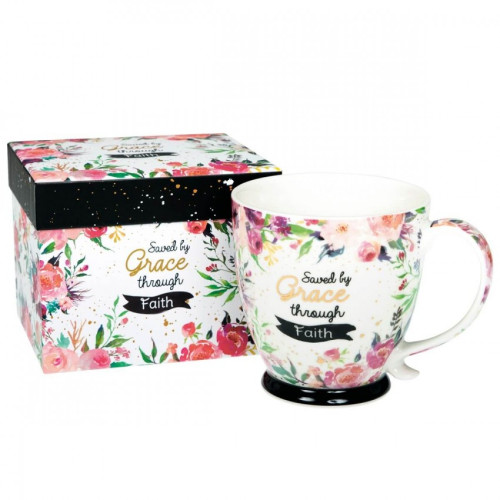 Tasse - Saved by Grace through Faith - blanche, fleurs, 350ml