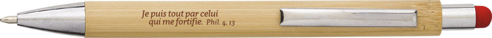 Stylo à bille tactile en bambou gravé "Je puis tout par celui qui me fortifie" - Phillippiens 4.13