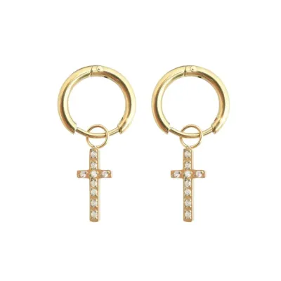 Créoles en acier inoxydable, couleur or avec croix avec strass