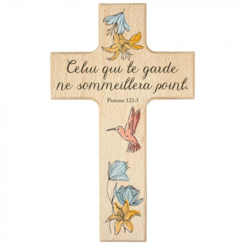 Croix en bois d'hêtre "Mot d'ordre 2023" - "Celui qui te garde ne sommeillera point." Psaumes 121.3